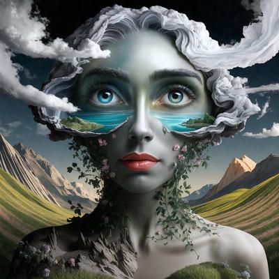 The primary subject of the image is a woman with a flower in her hair, who is wearing a dress. She is surrounded by a lush green field and a mountainous landscape. The visual style of the image is digital art, with the woman's face and the surrounding environment being depicted in a vibrant and detailed manner. The colors and mood of the image are predominantly green and serene, creating a peaceful and natural atmosphere.